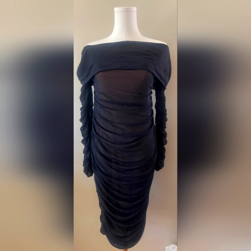 Fashion Nova Dress Women Size XL Black Beige Mesh Ruched Off Shoulder Midi Dress